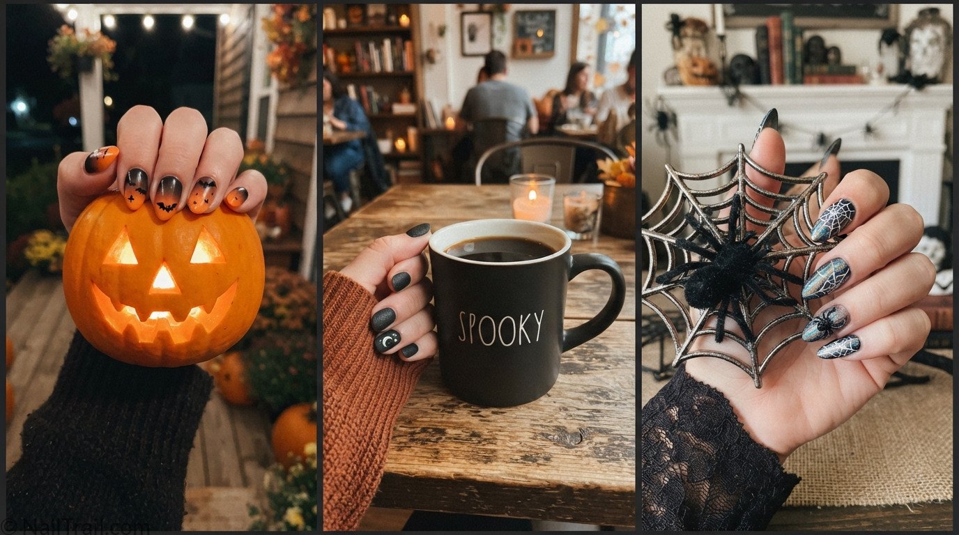 Three black Halloween nail designs side by side — black and orange ombre, matte black, and holographic spiderweb with 3D spider.