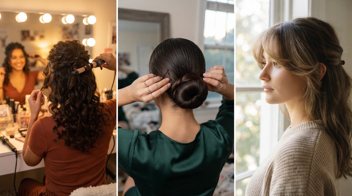 Three HOCO hairstyle ideas including a curly half-up half-down style, a sleek low bun, and curtain bangs