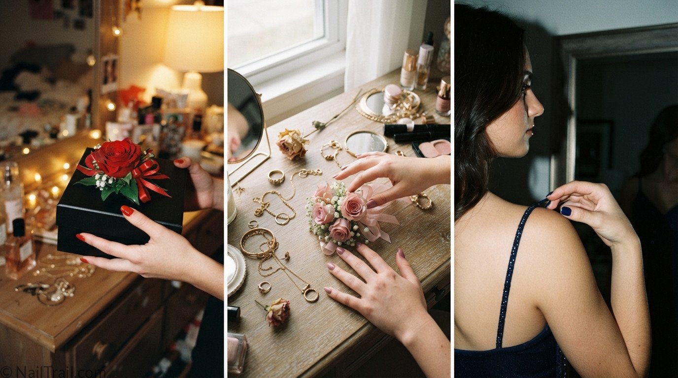 Three HOCO nail color ideas including glossy red, soft pink, and deep navy blue manicures