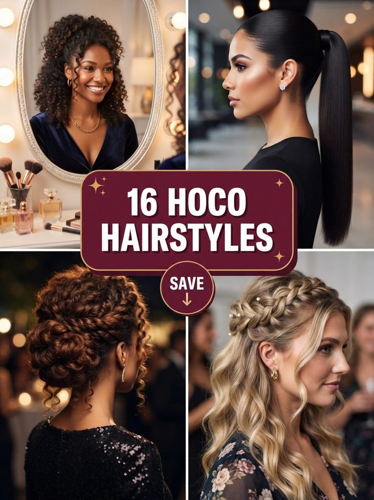 Collage of four HOCO hairstyle ideas with a bold centered badge reading
