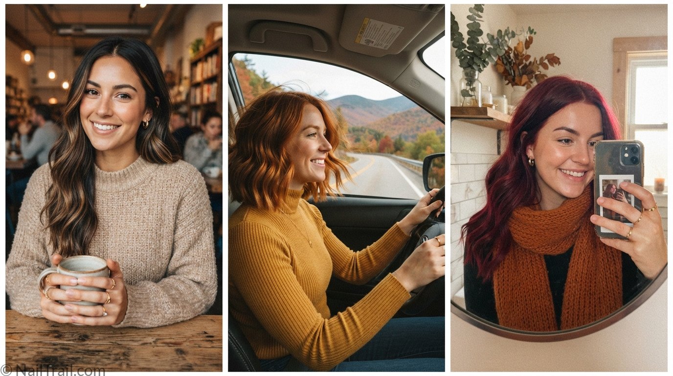 hree fall hair color looks side by side — deep espresso balayage, copper bob, and vivid burgundy.