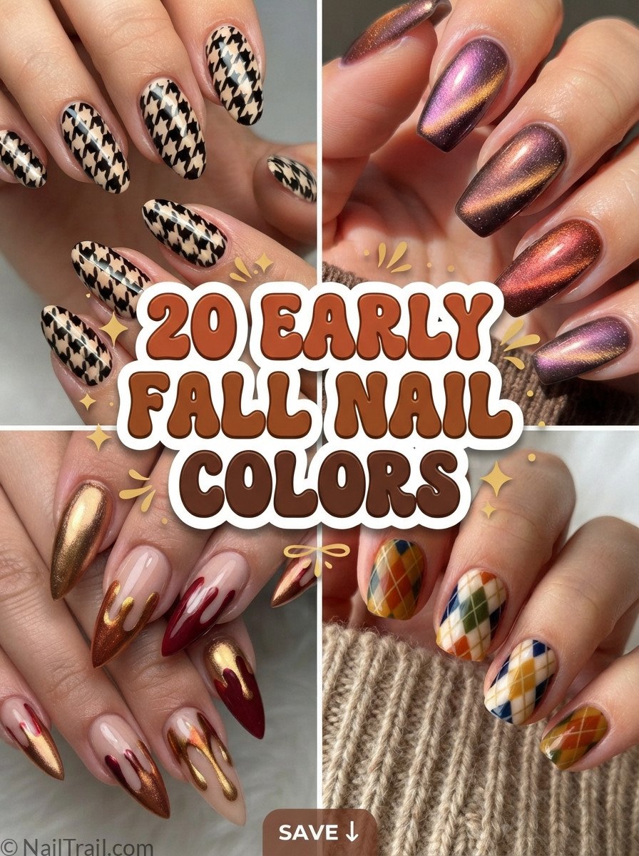 early fall nail color ideas including houndstooth print and pearlescent cat eye designs
