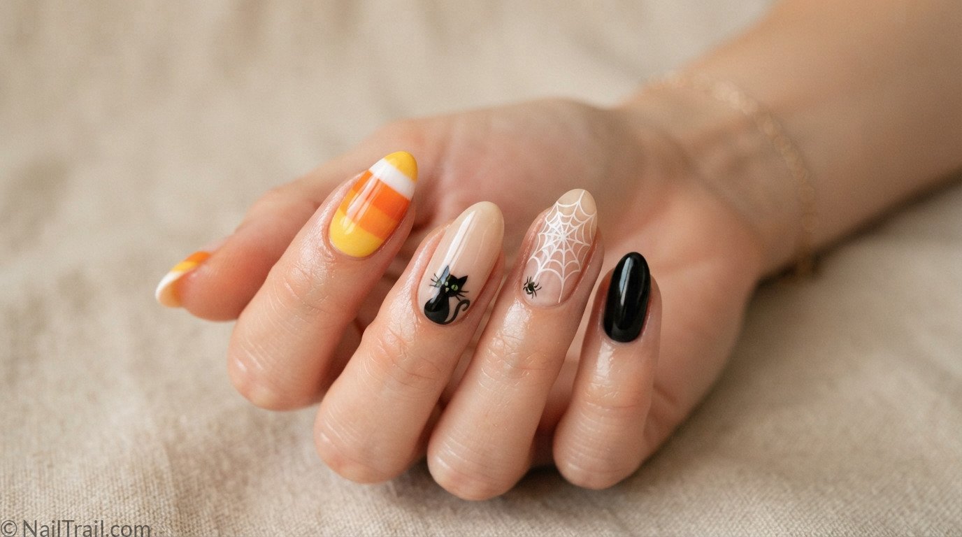 Three simple Halloween nail designs on a fanned hand — candy corn French tips, black cat silhouette, and spiderweb accent.