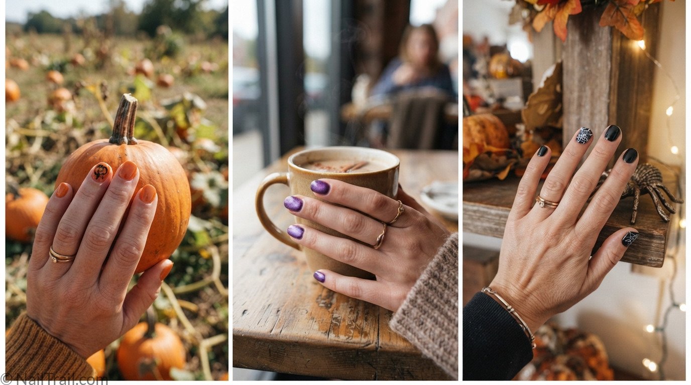 Three short Halloween nail designs side by side — orange pumpkin accent, purple cat-eye shimmer, and spiderweb with 3D spider charm.