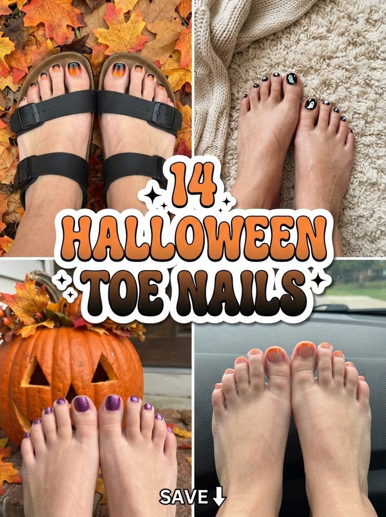 Collage of four Halloween toe nail designs with bold centered text reading 14 Halloween Toe Nails
