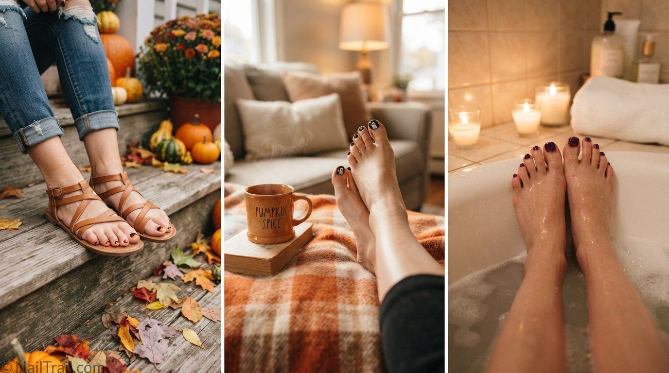 Three Halloween toe nail designs including black and orange ombre, black with hand-painted ghosts, and purple glitter fade pedicures