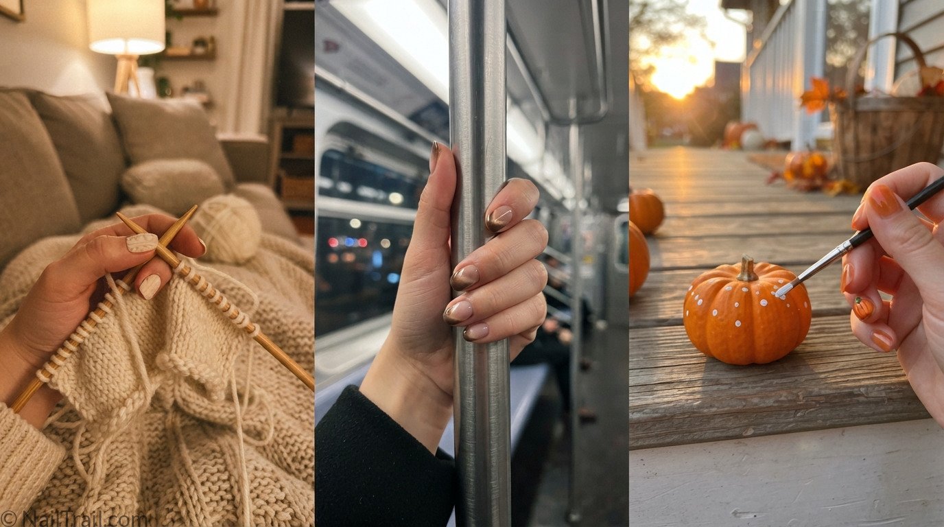 Three simple October nail ideas in candid settings — cream sweater-knit nails with knitting needles, mocha cat-eye French tips on a subway handrail, and sheer orange nails with a tiny 3D pumpkin.