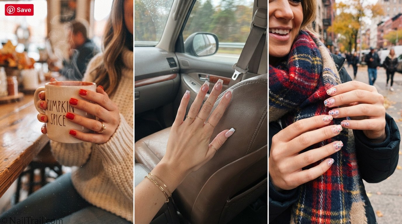 Candid lifestyle photos showing short square red, long square French, and polka dot fall square nail designs