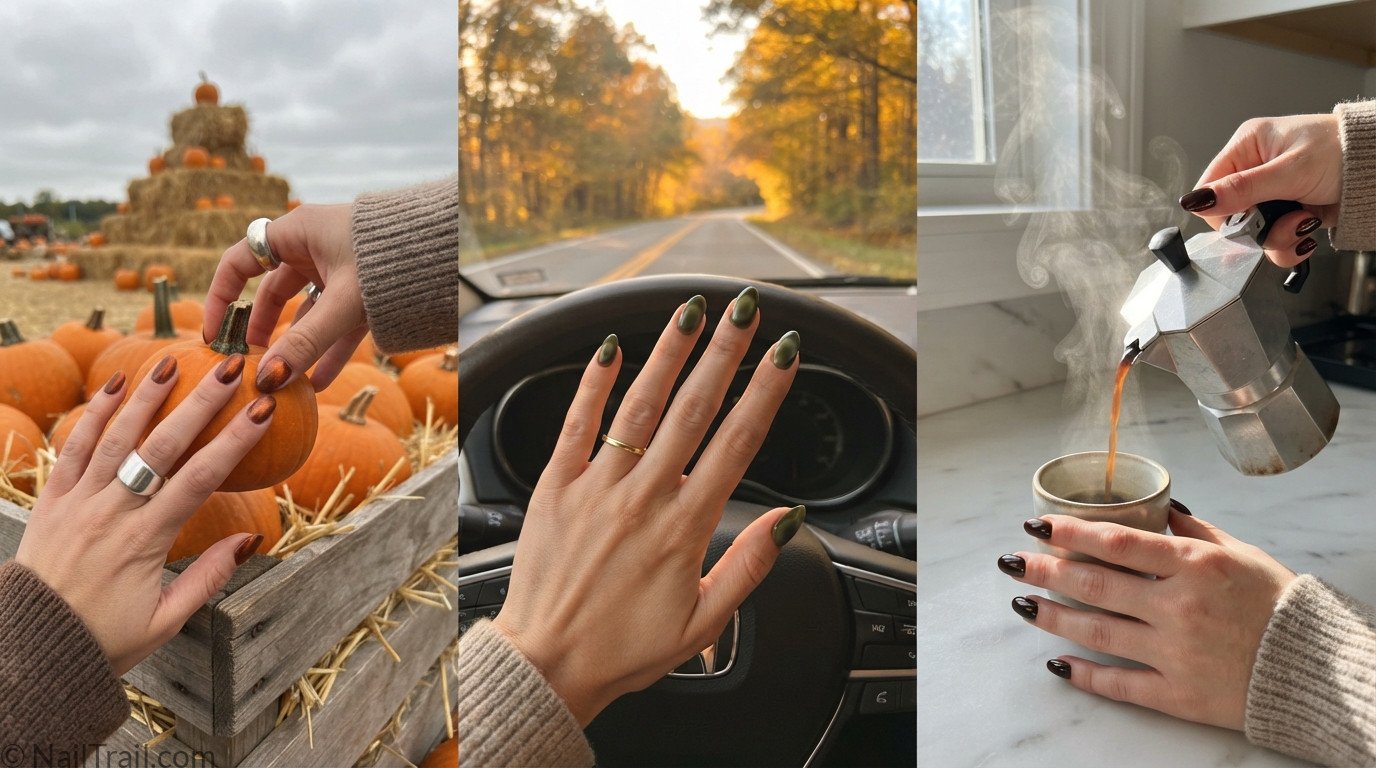 Three October nail colors in candid settings — burnt orange velvet nails at a pumpkin patch, olive green aura almond nails on a steering wheel, and espresso chocolate chrome nails pouring coffee.