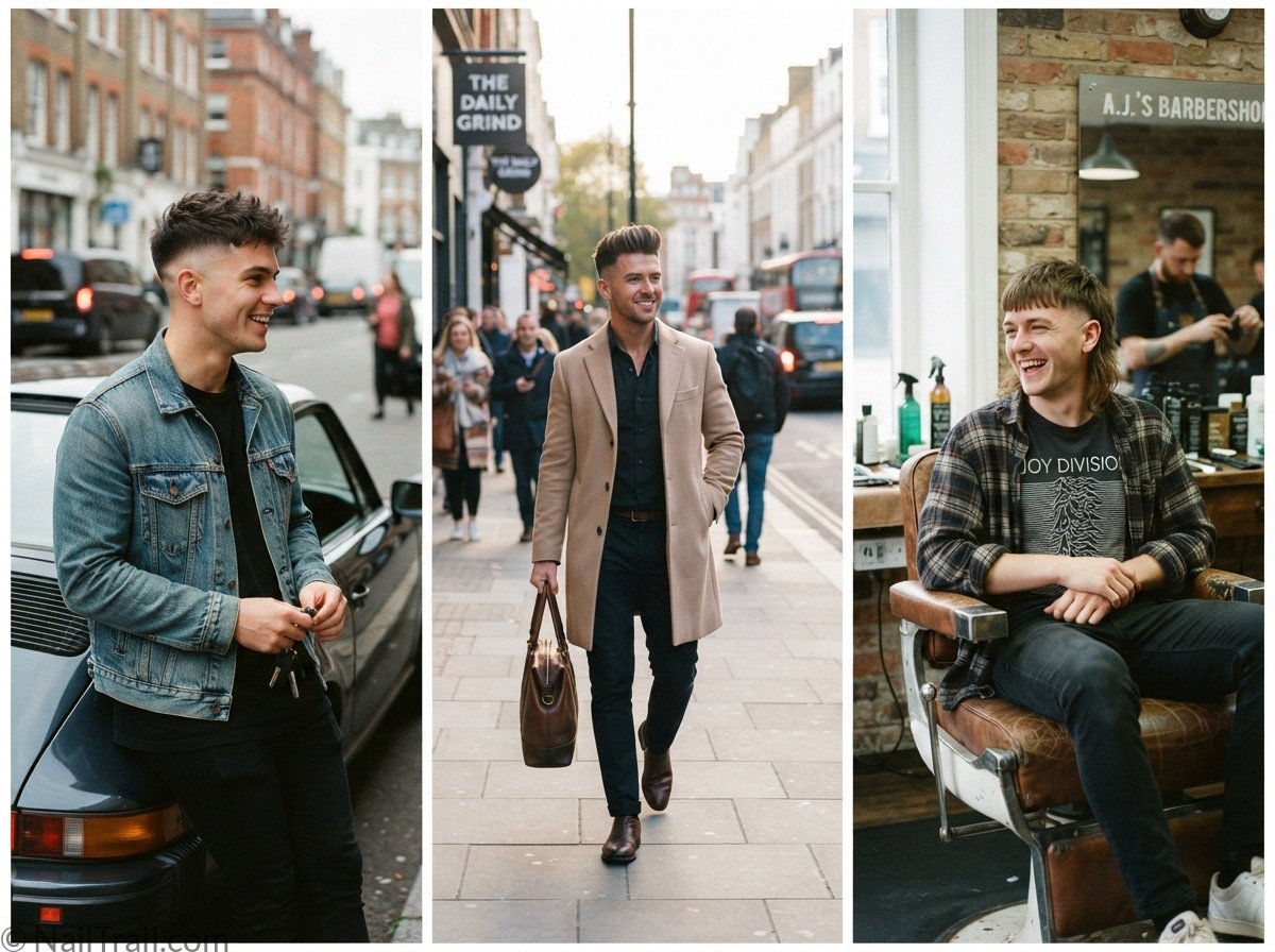 Three trending men's hairstyles for 2026 side by side — skin fade, textured quiff, and modern mullet.