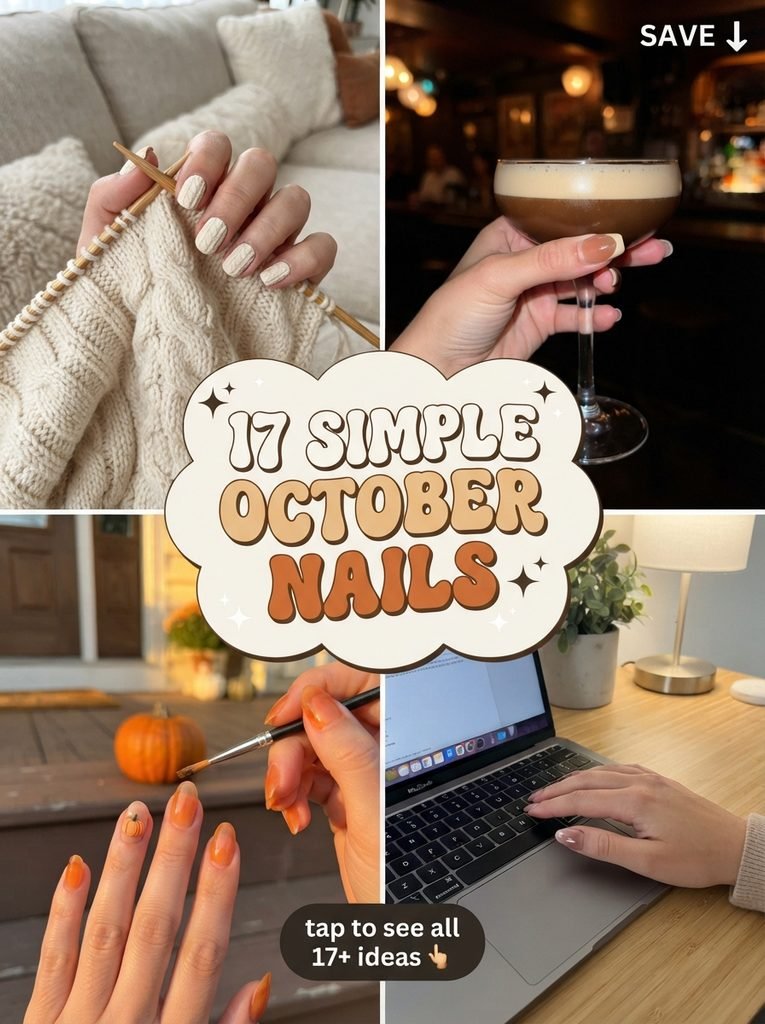 Collage of simple October nails including cream sweater-knit nails, espresso martini nails, sheer orange with a 3D pumpkin and dusty pink halo nails, with the text 17 Simple October Nails.