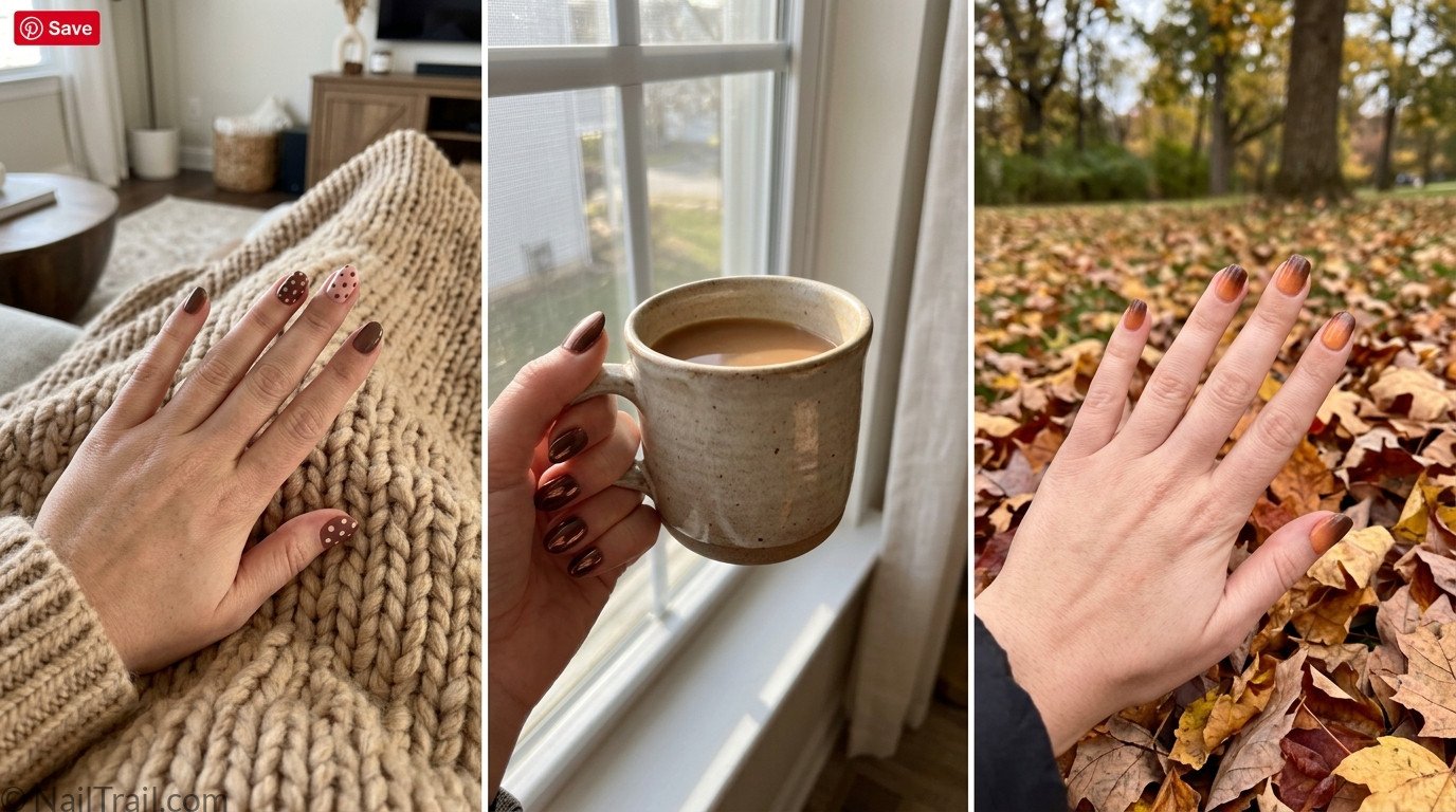Candid lifestyle photos showing brown and pink polka dot, chocolate chrome, and brown-orange ombre fall nail designs