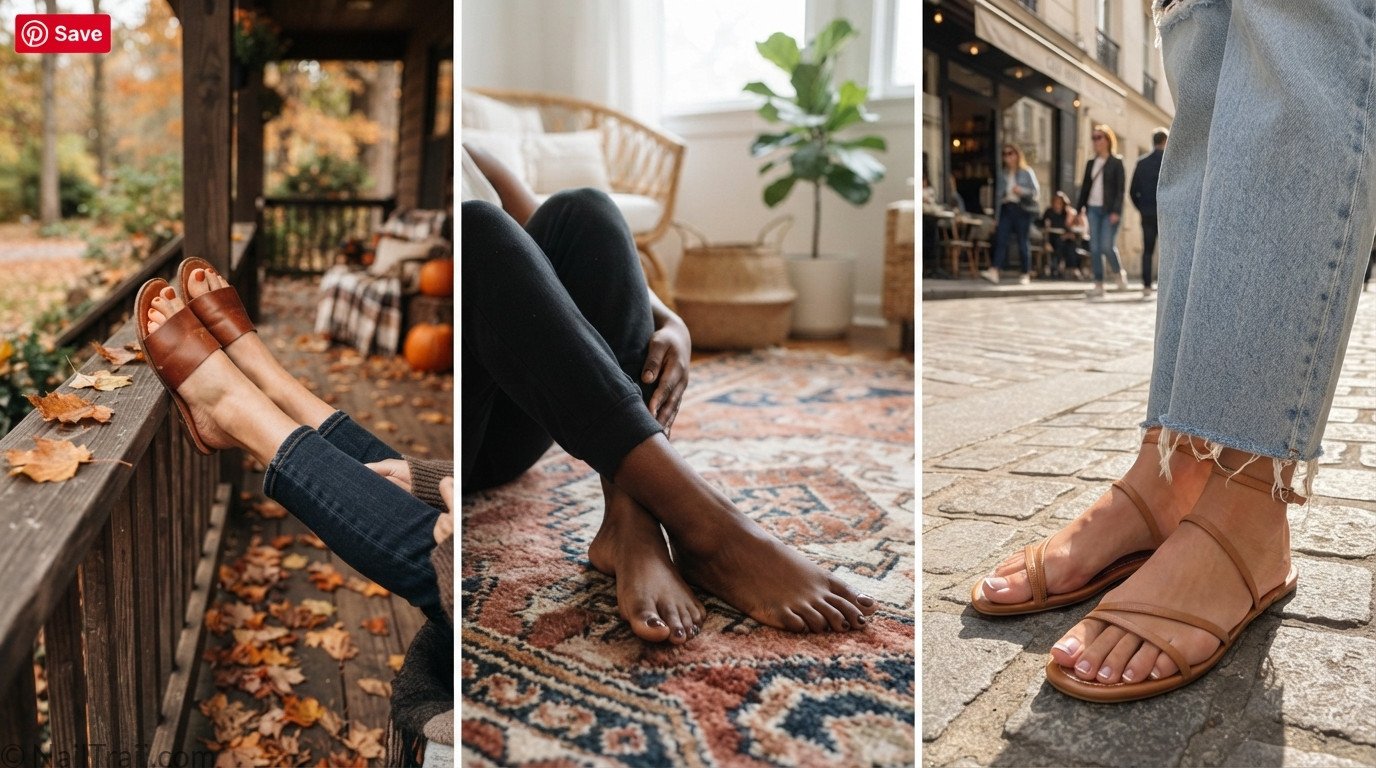 Candid lifestyle photos showing burnt orange, chocolate brown, and French tip fall pedicure colors