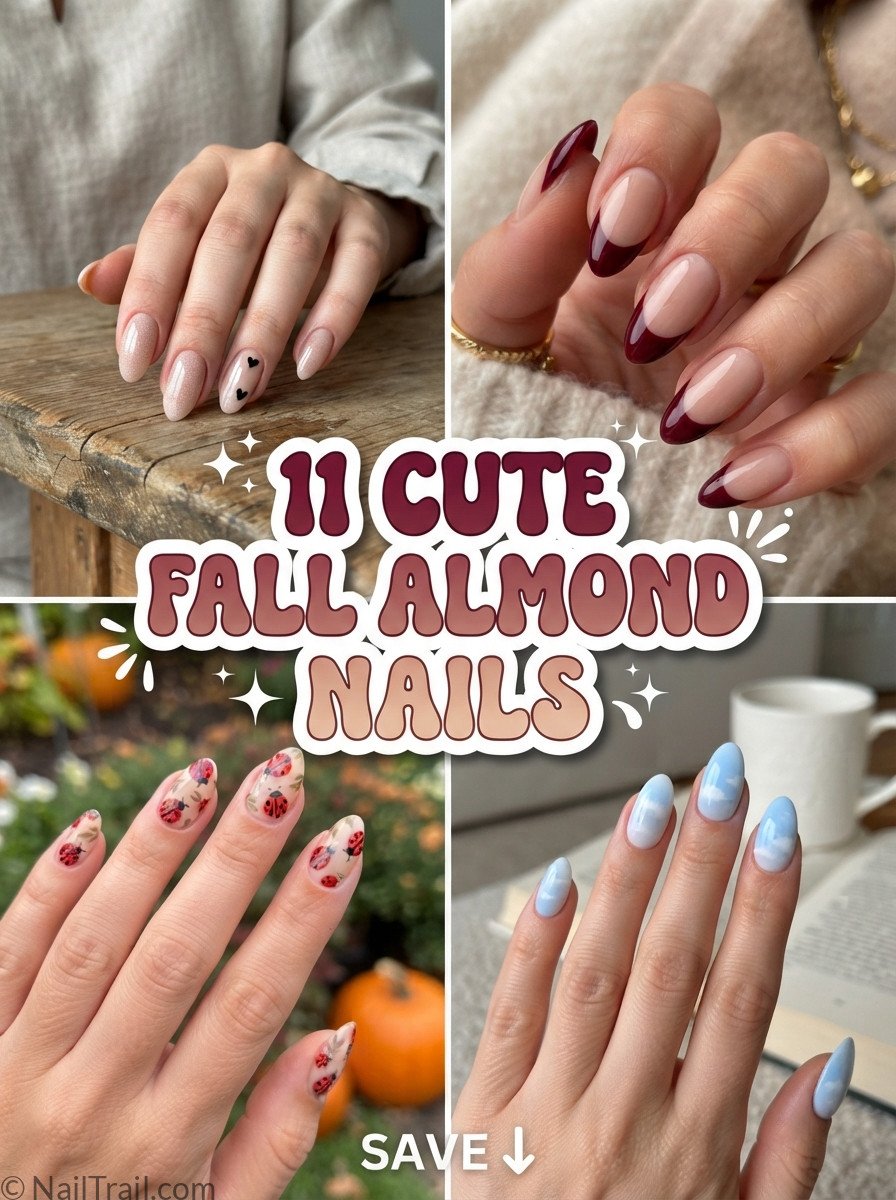  cute fall almond nail ideas including tiny heart and burgundy French tip designs