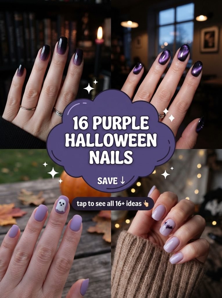 Collage of four purple Halloween nail designs with "16 Purple Halloween Nails" text overlay.