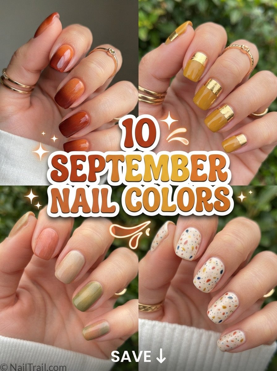 September nail color ideas including dip powder fade and gilded cuff wrap designs