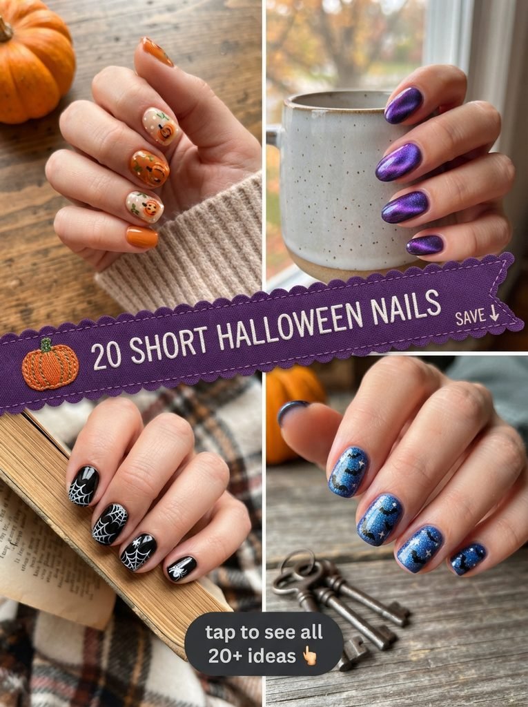 Collage of four short Halloween nail designs with "20 Short Halloween Nails" text overlay.