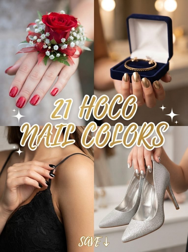 Collage of four HOCO nail color ideas with elegant script text reading