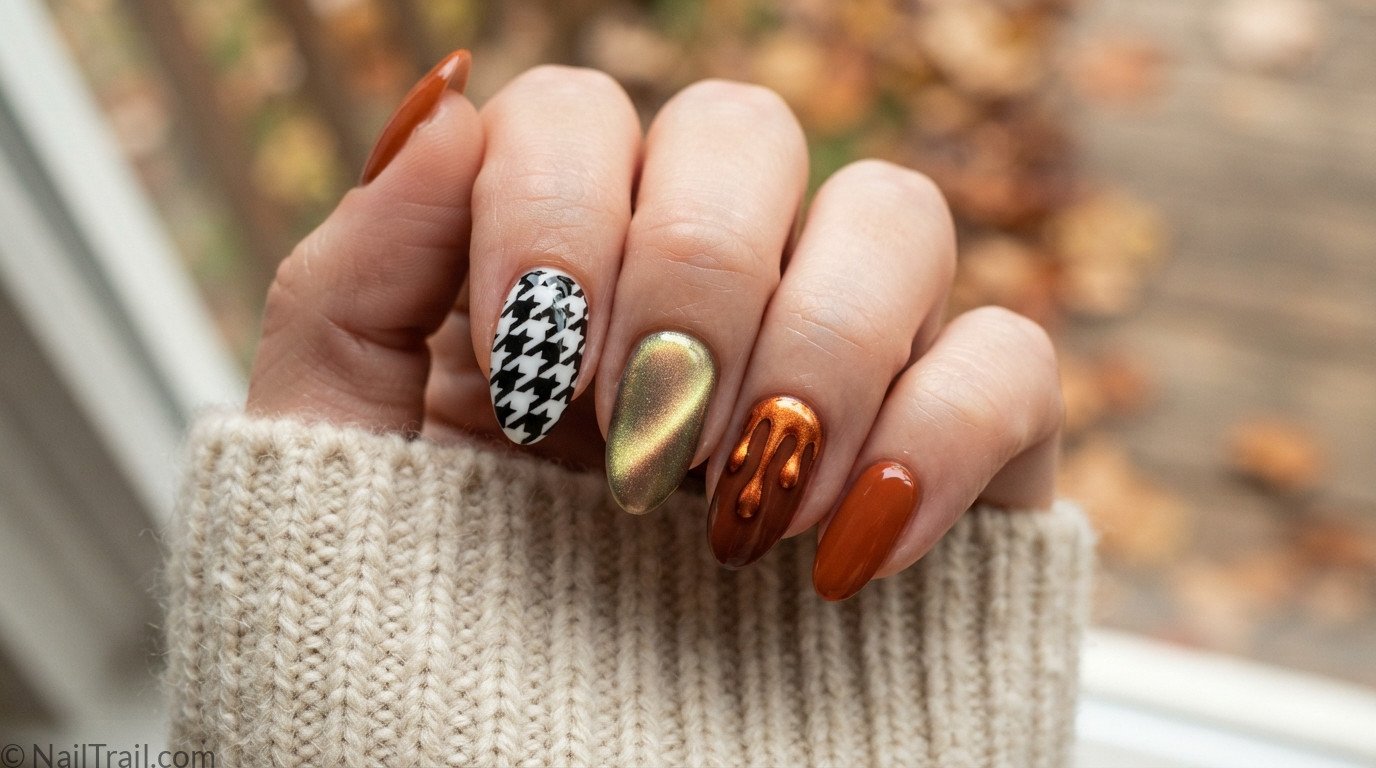 Fanned hand showing houndstooth print, pearlescent cat eye, and metallic drip paint early fall nail designs