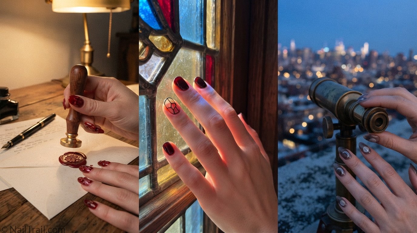 Three classy Halloween nail ideas in candid settings — red 3D wax-drip nails with a wax seal, black cherry stained-glass nails at a stained-glass window, and moon phase almond nails on a telescope.