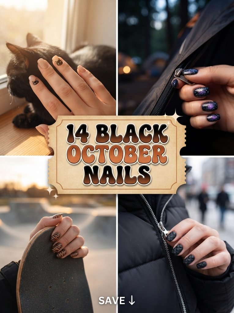 14 black October nails with cats, galaxy and tiger stripes