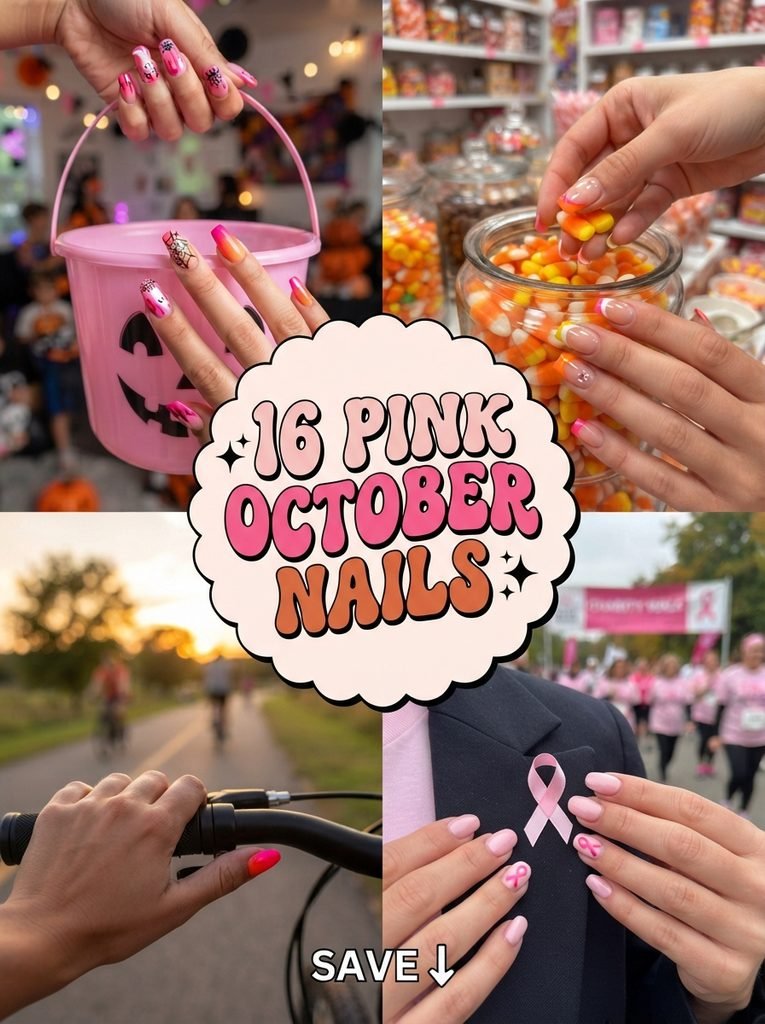16 pink October nails with pink Halloween and candy corn designs