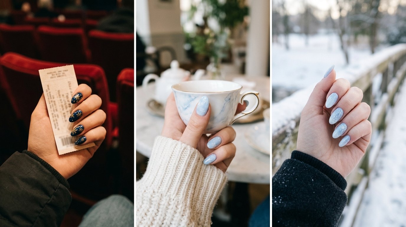 Navy, light blue and icy blue snowflake nails