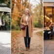 Fashion over 50 outfits: white shirt, camel coat and black jumpsuit