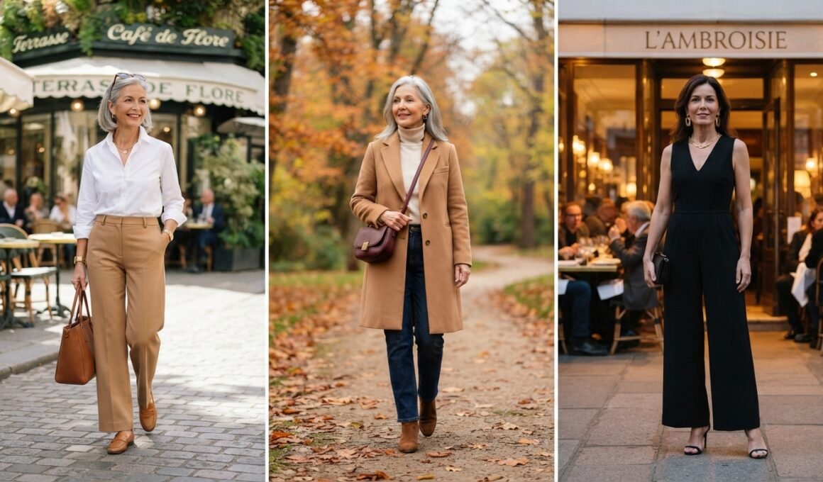 Fashion over 50 outfits: white shirt, camel coat and black jumpsuit