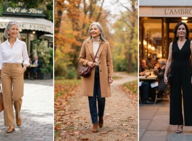 Fashion over 50 outfits: white shirt, camel coat and black jumpsuit
