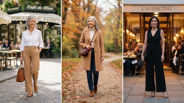 Fashion over 50 outfits: white shirt, camel coat and black jumpsuit