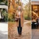 Fashion over 50 outfits: white shirt, camel coat and black jumpsuit