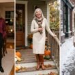 Thanksgiving outfits for women over 50: blouse, sweater dress and puffer coat