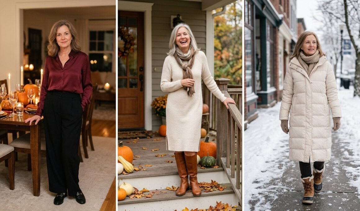 Thanksgiving outfits for women over 50: blouse, sweater dress and puffer coat