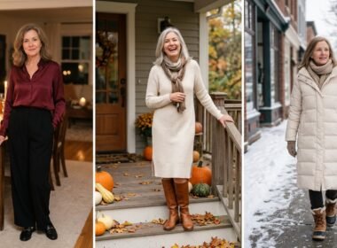 Thanksgiving outfits for women over 50: blouse, sweater dress and puffer coat
