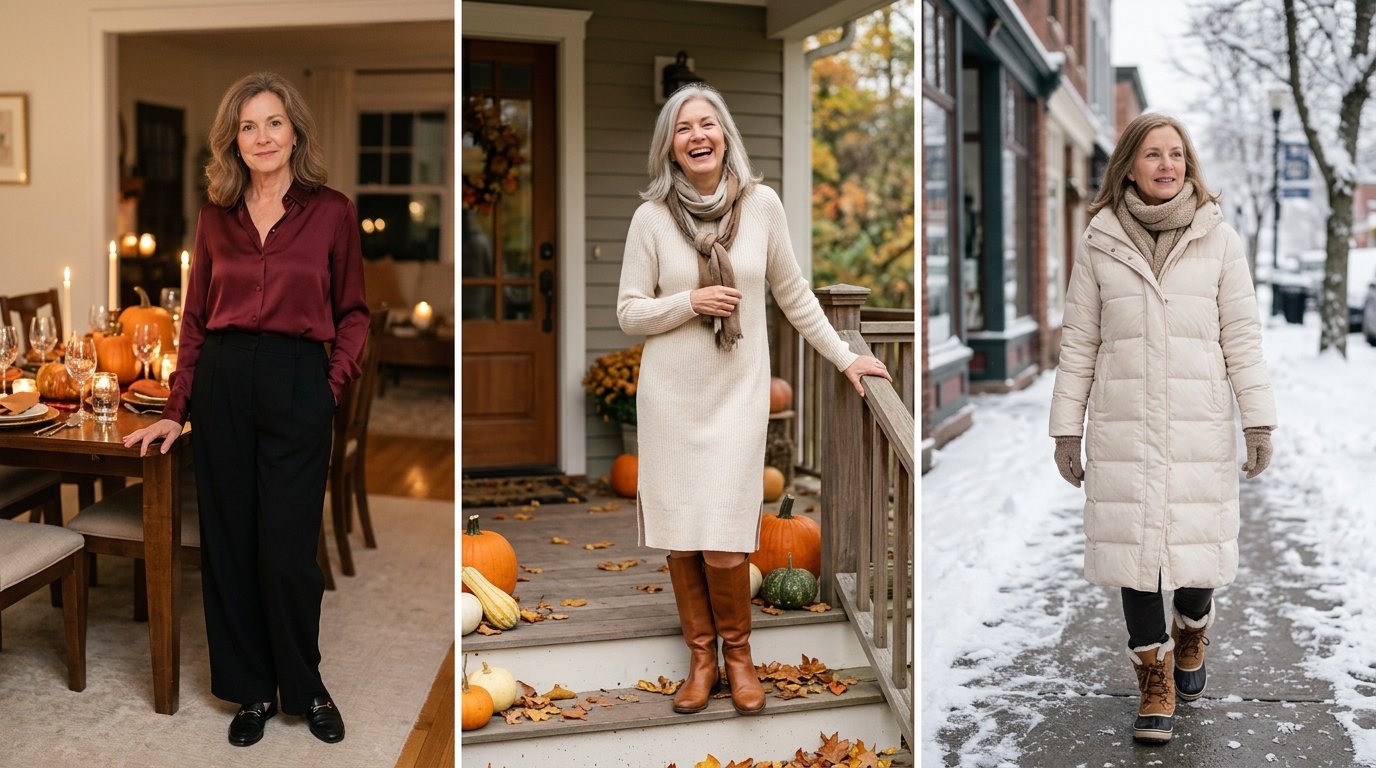 Thanksgiving outfits for women over 50: blouse, sweater dress and puffer coat
