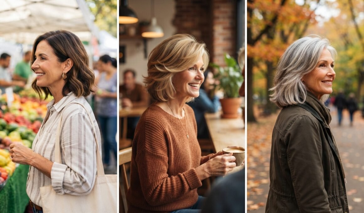 Modern haircuts for women over 50 medium: lob, butterfly cut and silver layers