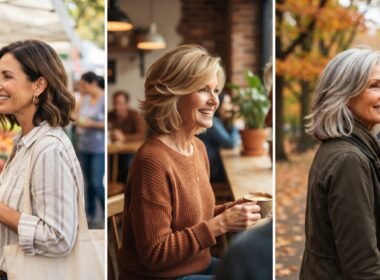 Modern haircuts for women over 50 medium: lob, butterfly cut and silver layers